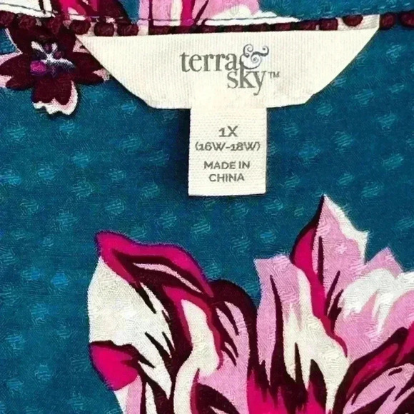 Terra Sky Women’s Plus Teal Floral Peplum Button Up Top Comfy 1X (16W-18W) - Picture 7 of 8